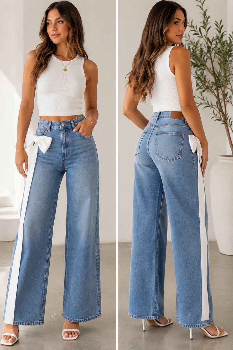 Contrast Ribbon Wide Leg Denim Jeans